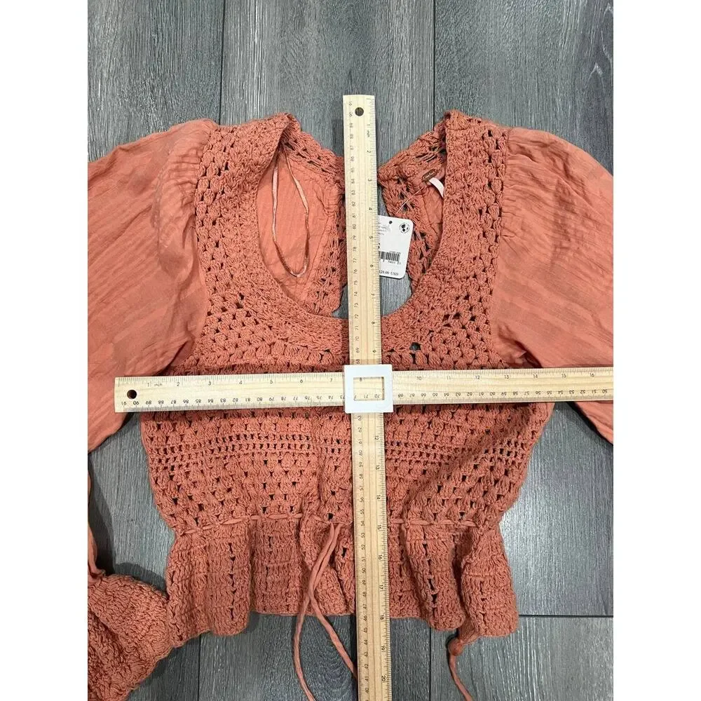Free People Megan Y2K preppy halter babydoll Crochet Top Coral Sand XS A004059